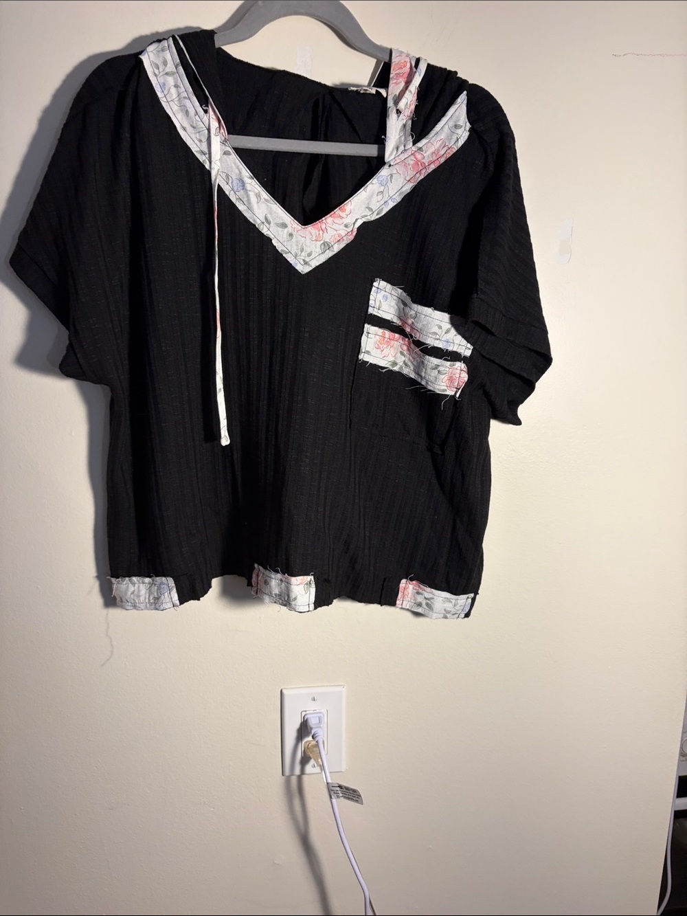 POL Black V-Neck Tunic with Floral Contrast Trim